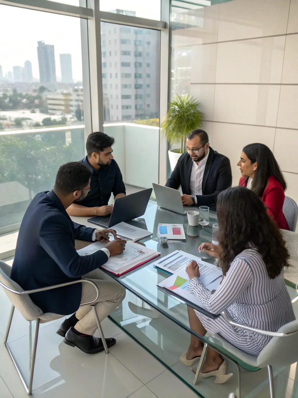 A diverse group of international business executives meeting in a modern conference room, discussing market entry strategies, symbolizing Thunder Trade Enterprises' support for businesses entering new markets.