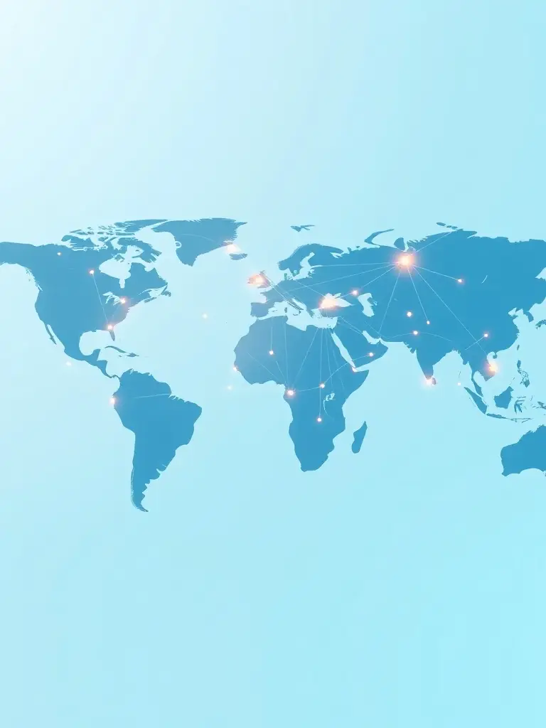 A digital illustration of a world map with interconnected nodes representing global trade routes and partnerships, highlighting the innovative use of technology in trade.