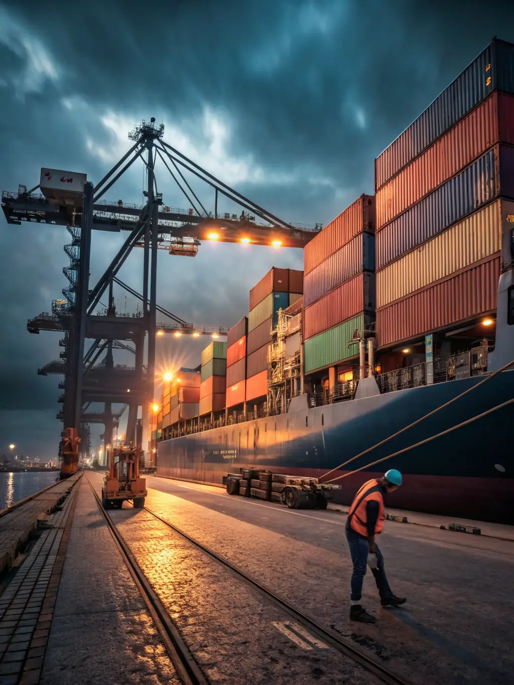 A bustling port scene with cargo ships and containers, symbolizing efficient trade facilitation. The image should convey a sense of global commerce and seamless logistics.