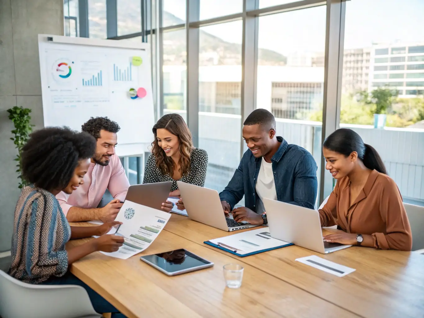 A diverse team of international trade consultants brainstorming around a table, analyzing market data and trends to identify opportunities for clients.