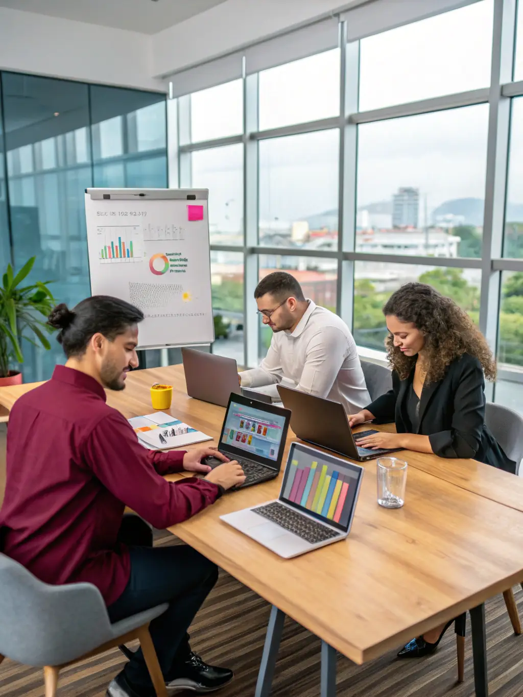 A team of consultants working collaboratively on laptops and whiteboards, analyzing data and developing digital transformation strategies for a client, representing Thunder Trade Enterprises' digital transformation services.