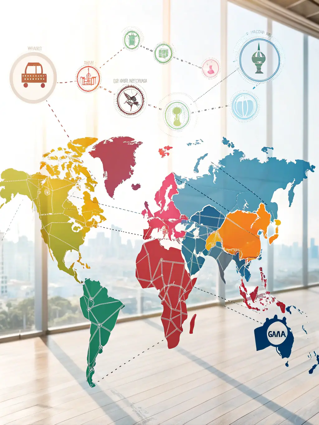 A world map with pins highlighting key markets, representing strategic market entry points. The image should evoke a sense of global reach and opportunity.