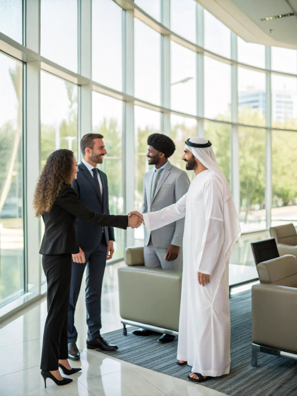 An image of a diverse group of international business people shaking hands in a modern office setting, symbolizing successful global partnerships.
