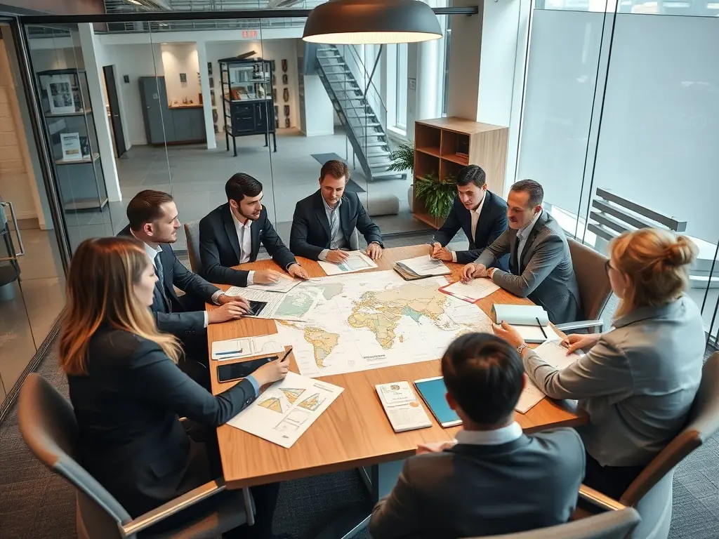A diverse team of international consultants collaborating in a modern office, reviewing trade agreements and discussing strategies for global market expansion.