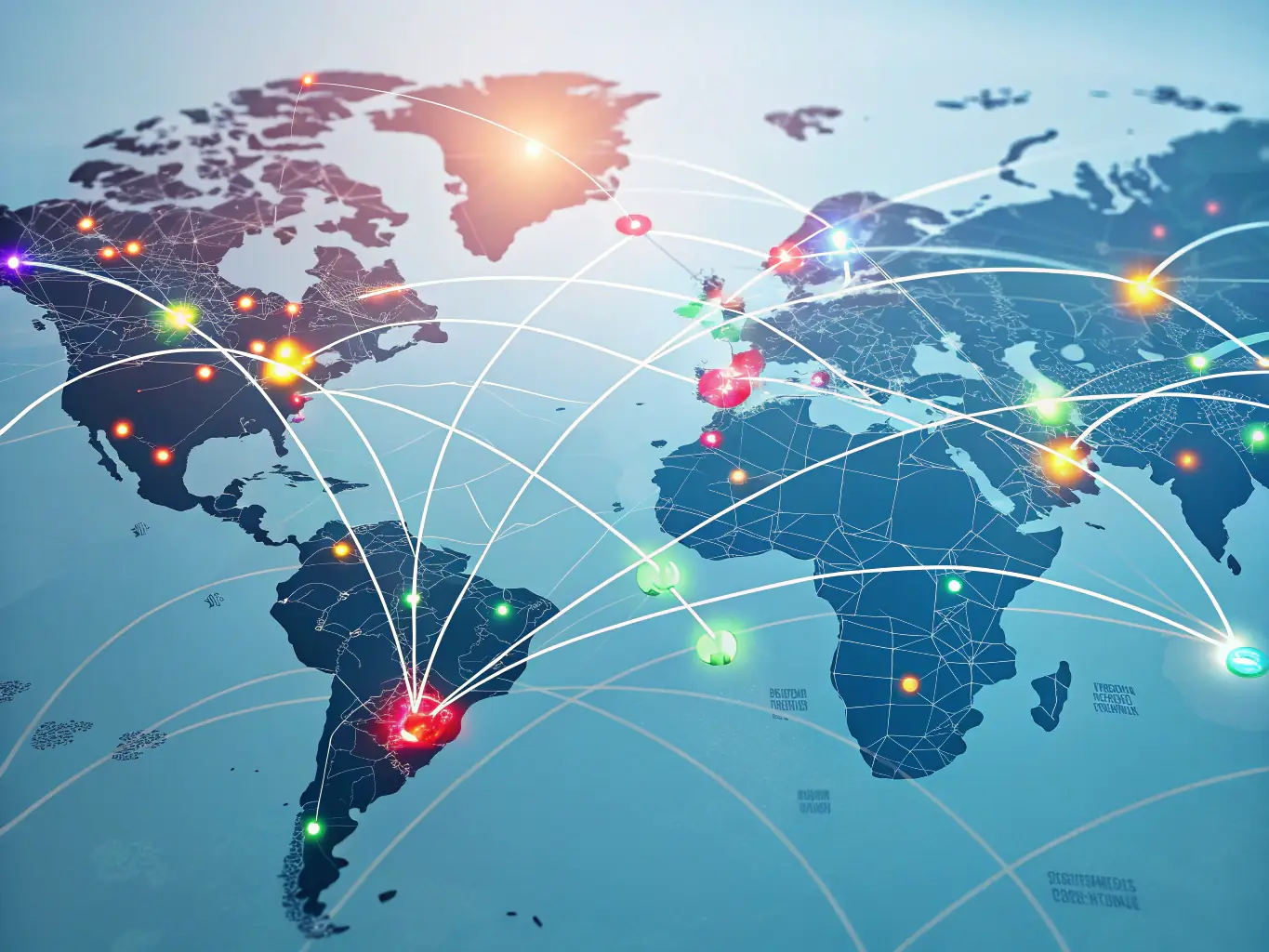 A digital illustration of interconnected global networks, representing digital transformation and the flow of data across borders.