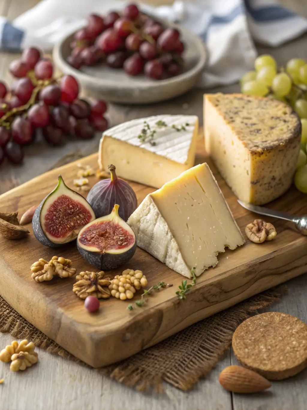 A selection of artisanal cheeses with Protected Designation of Origin (DOP) labels, displayed on a rustic wooden board, emphasizing the authenticity and quality of Thunder Trade Enterprises' cheese offerings.