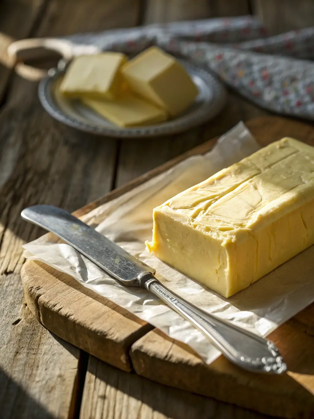 A close-up shot of golden, creamy butter blocks, highlighting their rich texture and color, set against a backdrop of fresh milk and a vintage churn, emphasizing the quality of Thunder Trade Enterprises' butter offerings.