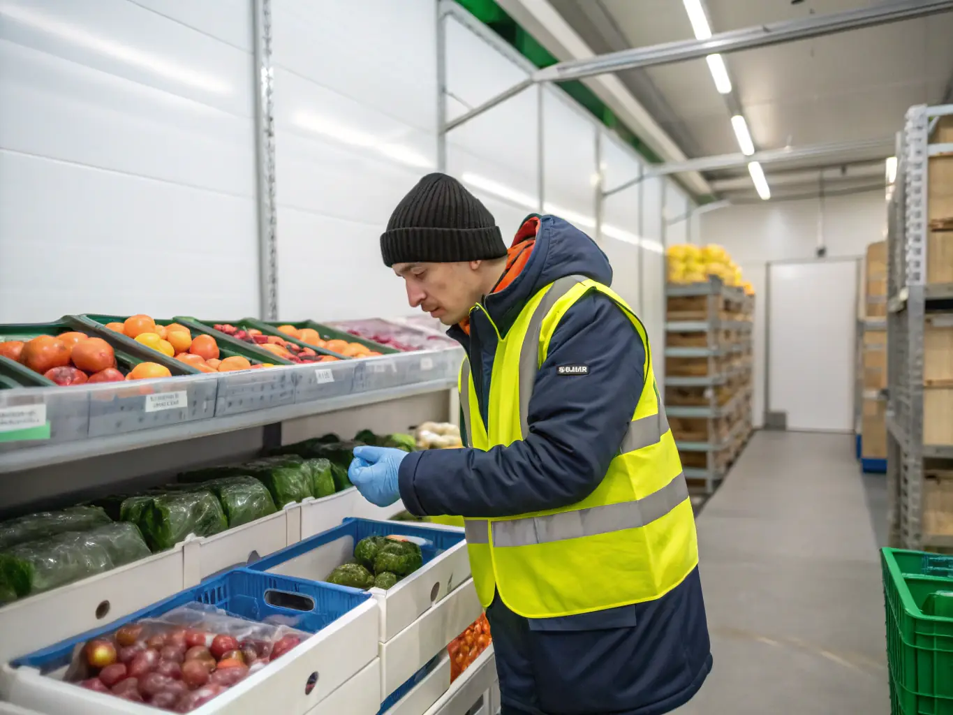 A professional photograph of a quality control expert inspecting a shipment of fresh produce in a modern, well-lit warehouse, emphasizing Thunder Trade Enterprises' commitment to maintaining high standards of quality and safety.